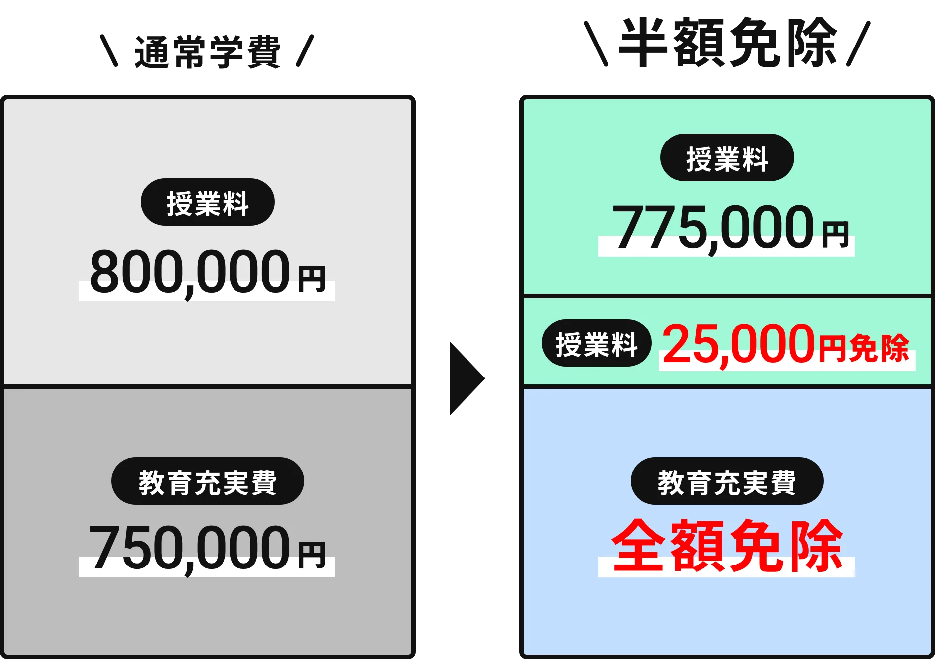 通常学費は授業料800,000円と教育充実費750,000円。半額免除では授業料775,000円（授業料25,000円免除）、教育充実費は全額免除